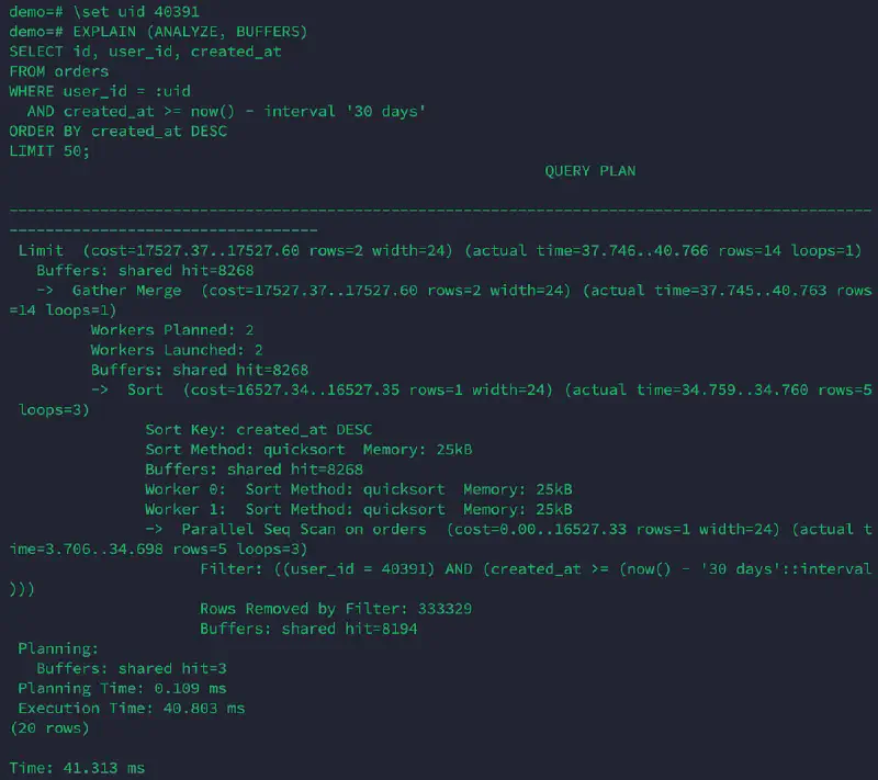 PostgreSQL EXPLAIN ANALYZE on 1M rows without index (Parallel Seq Scan + Sort)